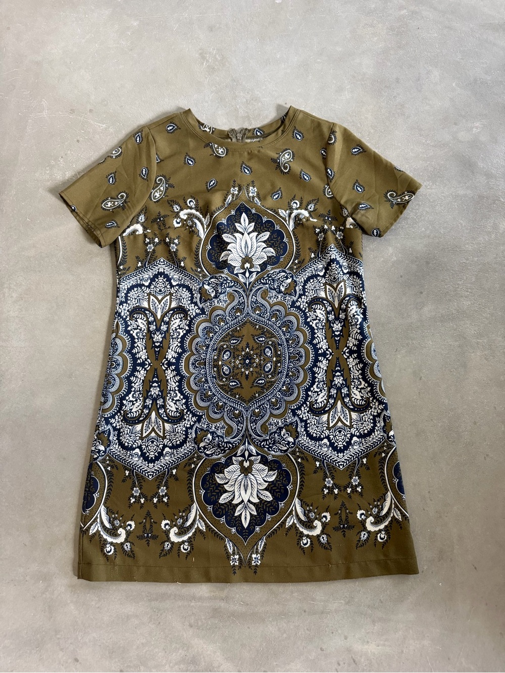 Abercrombie & Fitch Olive Paisley-Print Mini Dress with Navy and Cream Accents